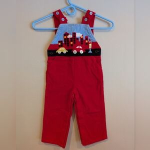 Vintage Popsicle Red Corduroy Kids Overalls Romper with Care City Design